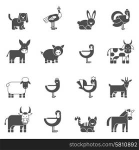 Domestic animals black icons set with cow goose pig goat isolated vector illustration. Domestic Animals Icons Set