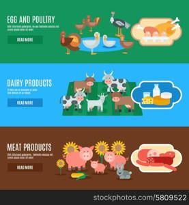 Domestic animals horizontal banner set with egg meat dairy products elements isolated vector illustration. Domestic Animals Banner