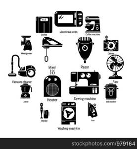 Domestic appliances icons set. Simple illustration of 16 domestic appliances vector icons for web. Domestic appliances icons set, simple style