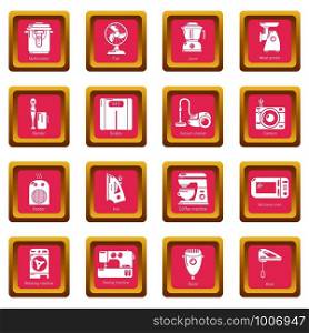 Domestic appliances icons set vector pink square isolated on white background . Domestic appliances icons set pink square vector