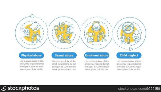 Domestic child abuse vector infographic template. Harassment presentation design elements. Data visualization with 4 steps. Process timeline chart. Workflow layout with linear icons. vector infographic template