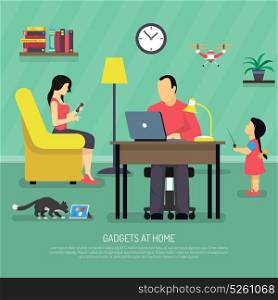Domestic Digital Gadgets Background. People evolution digital gadget composition of flat family human characters and domestic room interior with text vector illustration