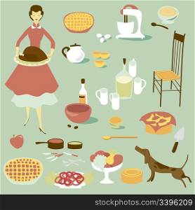 Domestic diva and a set of kitchen equipment and food