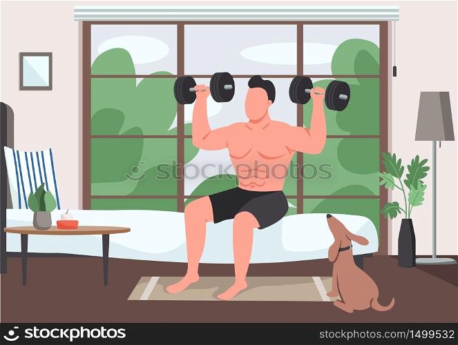 Domestic exercise flat color vector illustration. Bodybuilder lifting dumbbells 2D cartoon character with bedroom on background. Weightlifting, physical training. Workout at home, morning exercise. Domestic exercise flat color vector illustration