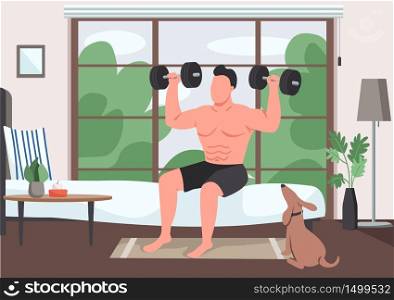 Domestic exercise flat color vector illustration. Bodybuilder lifting dumbbells 2D cartoon character with bedroom on background. Weightlifting, physical training. Workout at home, morning exercise. Domestic exercise flat color vector illustration