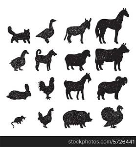 Domestic farm animals black silhouettes icons set with cow goat horse pig donkey isolated abstract vector illustration