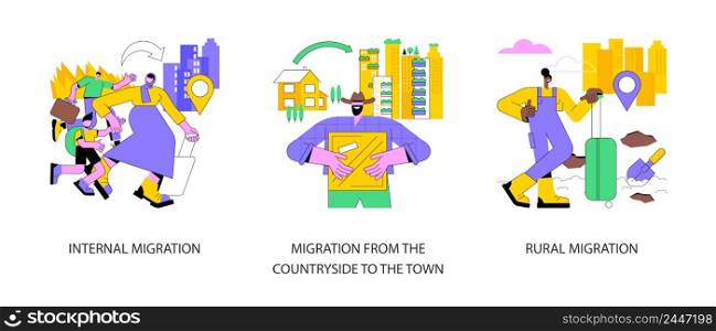 Domestic people movement abstract concept vector illustration set. Internal migration from countryside to town, rural migration, population growth, urbanization, urban area abstract metaphor.. Domestic people movement abstract concept vector illustrations.
