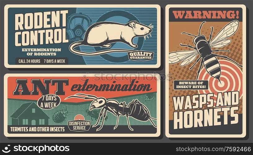 Domestic pest control service, deratization or rodent extermination vintage retro poster. Vector insects, ants and wasps pest control, mousetraps and sanitary desinsection and disinfection service. Deratization, ants and wasps domestic pest control