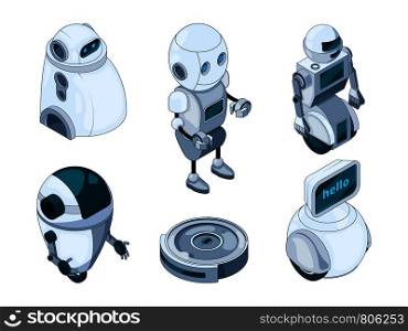 Domestic robots assistant. Various help machines. Illustration of robotic technology housework, smart artificial. Domestic robots assistant. Various help machines