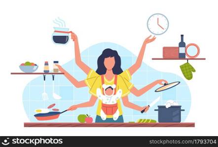 Domestic tasks woman. Multifunctional female character with many hands doing different jobs, mother with baby cooks food. Productive motherhood and household vector cartoon flat style isolated concept. Domestic tasks woman. Multifunctional female character with many hands doing different jobs, mother with baby cooks food. Productive motherhood and household vector cartoon flat isolated concept