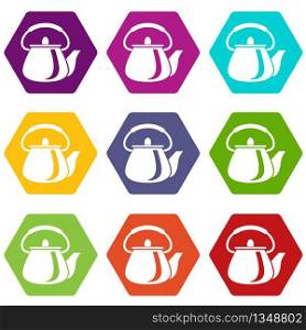 Domestic teapot icons 9 set coloful isolated on white for web. Domestic teapot icons set 9 vector