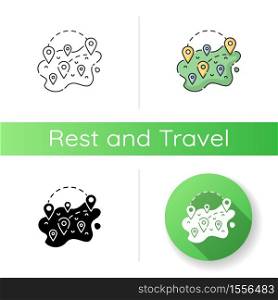 Domestic tourism icon. Linear black and RGB color styles. Traveling for vacation or business trip inside one country. Local tourism. Map with GPS location tags isolated vector illustrations. Domestic tourism icon