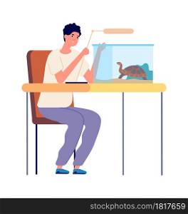 Domestic turtle. Aquarium for reptiles, guy playing with pet. Veterinarian caring for wild animal vector illustration. Domestic pet turtle, tortoise in aquarium, funny character. Domestic turtle. Aquarium for reptiles, guy playing with pet. Veterinarian caring for wild animal vector illustration