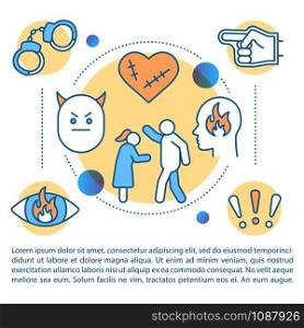 Domestic violence article page vector template. Aggression in family. Physical abuse. Brochure, magazine, booklet design element with linear icons. Print design. Concept illustrations with text