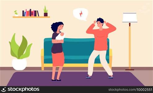 Domestic violence. Emotional abuse vector illustration. Angry man, female abused and newborn. Family conflict and quarrel, violence relationship, anger people. Domestic violence. Emotional abuse vector illustration. Angry man, female abused and newborn