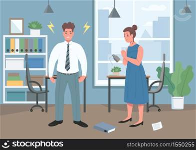Domestic violence flat color vector illustration. Family argument. Upset woman. Angry man. Aggressive behavior. Frustrated wife and husband 2D cartoon characters with interior on background. Domestic violence flat color vector illustration