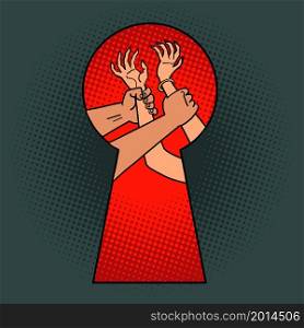 domestic violence in the family. A fight through the keyhole. comic cartoon hand drawing retro illustration. domestic violence in the family. A fight through the keyhole