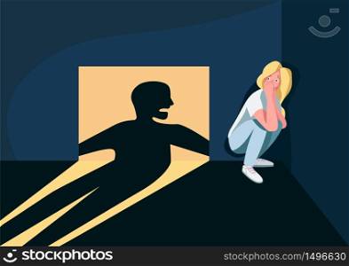 Domestic violence victim flat color vector illustration. Frightened woman hiding in corner 2D cartoon character with angry man shadow on background. Physical and psychological abuse in family. Domestic violence victim flat color vector illustration