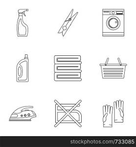Domestic washing icons set. Outline style set of 9 domestic washing vector icons for web design. Domestic washing icons set, outline style