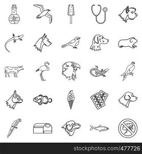 Domesticated animals icons set. Outline set of 25 domesticated animals vector icons for web isolated on white background. Domesticated animals icons set, outline style