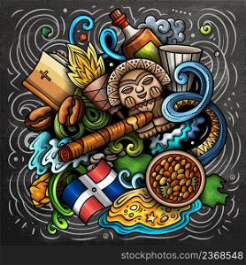 Dominican Republic cartoon vector doodle chalkboard illustration. Colorful detailed composition with lot of traditional symbols. Dominican Republic cartoon vector doodle chalkboard illustration