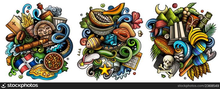 Dominican Republic cartoon vector doodle designs set. Colorful detailed compositions with lot of traditional symbols. Isolated on white illustrations. Dominican Republic cartoon vector doodle designs set.