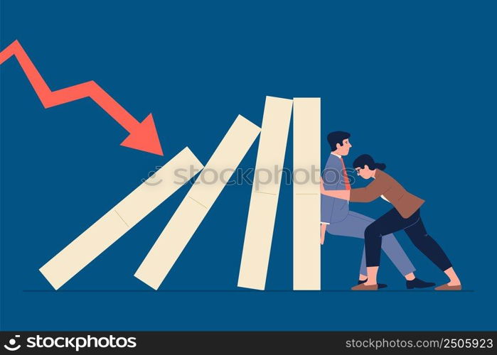 Domino effect. Leadership crisis, business management mistake metaphor. Managers prevent fall and risks. Economic strategy recent vector concept. Illustration of leadership hold domino. Domino effect. Leadership crisis, business management mistake metaphor. Managers prevent fall and risks. Economic strategy recent vector concept