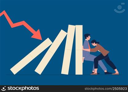 Domino effect. Leadership crisis, business management mistake metaphor. Managers prevent fall and risks. Economic strategy recent vector concept. Illustration of leadership hold domino. Domino effect. Leadership crisis, business management mistake metaphor. Managers prevent fall and risks. Economic strategy recent vector concept