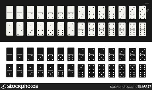 Domino game. Chip of dominoes. White and black domino icon isolated on board. Set of block for gambling. Full series of wooden chip. Stone for tournament, casino. Brick for game. Vector.. Domino game. Chip of dominoes. White and black domino icon isolated on board. Set of block for gambling. Full series of wooden chip. Stone for tournament, casino. Brick for game. Vector