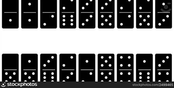 Domino tiles and eye. Classic dominoes, domino’s pictogram. Playing, parts of game full bones tiles. Black, white domino. Vector set. 28 pieces. White chip of domino on board for gambling. 
