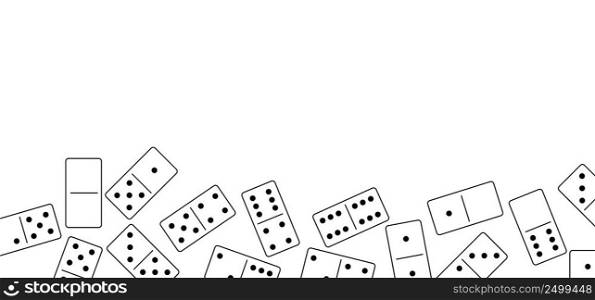 Domino tiles. Classic dominoes, domino’s pictogram. Playing, parts of game full bones tiles. Black, white domino. Flat wood vector set. 28 pieces. White chip of domino on board for gambling. 