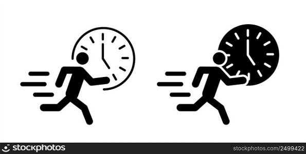 Don’t forget or miss the deadline concept. Human running. Rushed, belated for work. Be lated businessman sign. Deadlines, stress plan. Sport, runner icon  running on time. Run with clock.