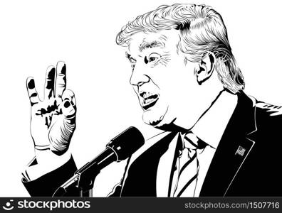 Donald Trump giving a speech, black and white drawing. Vector image