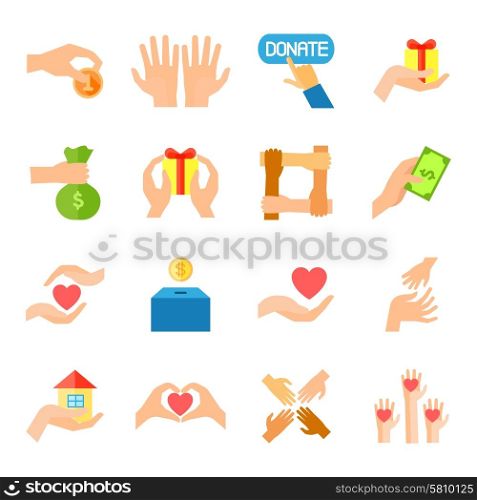 Donate And Giving Icon Set. Donate given or charity and assistance help or aid flat color icon set isolated vector illustration