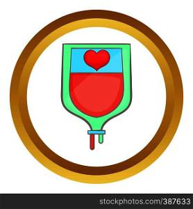 Donate blood concept with blood bag and heart vector icon in golden circle, cartoon style isolated on white background. Donate blood concept vector icon