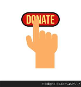 Donate button pressed by hand flat icon isolated on white background. Donate button pressed by hand flat icon