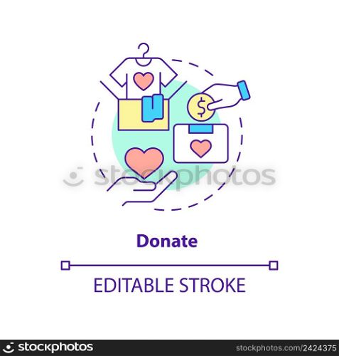 Donate concept icon. Financial help for migrants. Helping refugees abstract idea thin line illustration. Isolated outline drawing. Editable stroke. Arial, Myriad Pro-Bold fonts used. Donate concept icon