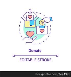 Donate concept icon. Financial help for migrants. Helping refugees abstract idea thin line illustration. Isolated outline drawing. Editable stroke. Arial, Myriad Pro-Bold fonts used. Donate concept icon