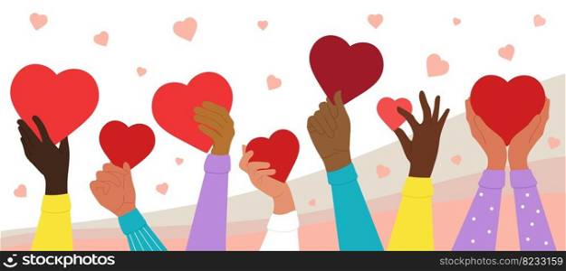 Donate hearts. Donations kindness banner, people hold red heart. Charity and volunteering, support empathy and love. Multicultural community decent vector banner with charity heart illustration. Donate hearts. Donations kindness banner, people hold red heart. Charity and volunteering, support empathy and love. Multicultural community decent vector banner