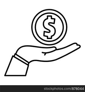 Donate money hand icon. Outline donate money hand vector icon for web design isolated on white background. Donate money hand icon, outline style