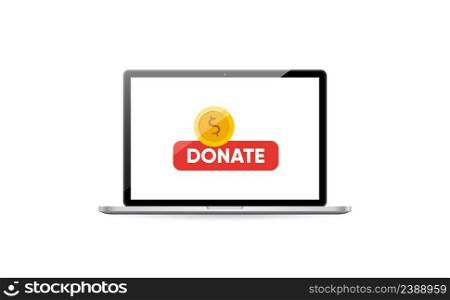 Donate online mockup concept. Laptop with gold coin and button on the screen. Vector illustration. Donate online mockup concept. Laptop with gold coin and button on the screen.