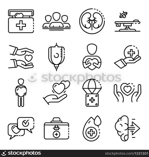 Donate organs icons set. Outline set of donate organs vector icons for web design isolated on white background. Donate organs icons set, outline style