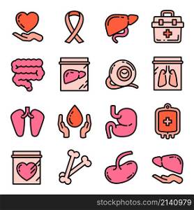 Donate organs icons set outline vector. Donor organ. Kidney donation. Donate organs icons set outline vector. Donor organ