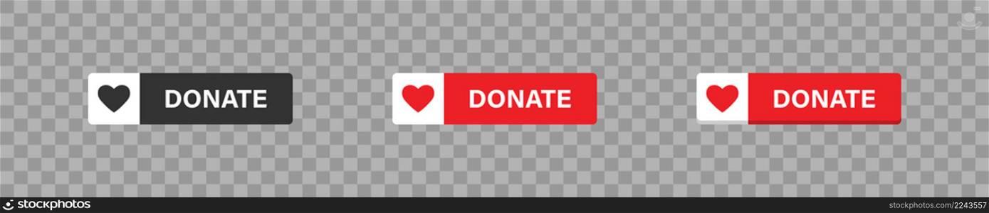 Donate red button with heart icon. Isolated web buttons, flat vector illustration