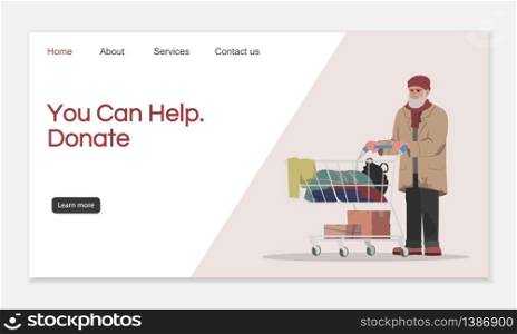 Donate to help landing page vector template. Homeless shelter website interface idea with flat illustrations. Charity organization homepage layout. Donation help cartoon web banner, webpage. Donate to help landing page vector template