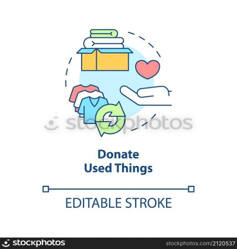 Donate used things concept icon. Reuse clothes. Minimize waste abstract idea thin line illustration. Isolated outline drawing. Editable stroke. Roboto-Medium, Myriad Pro-Bold fonts used. Donate used things concept icon