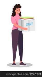 Donating clothes to charity semi flat RGB color vector illustration. Female volunteer isolated cartoon character on white background. Donating clothes to charity semi flat RGB color vector illustration
