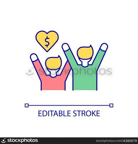Donating fans RGB color icon. Pay to favourite media publisher. Financial support of creators. Isolated vector illustration. Simple filled line drawing. Editable stroke. Arial font used. Donating fans RGB color icon
