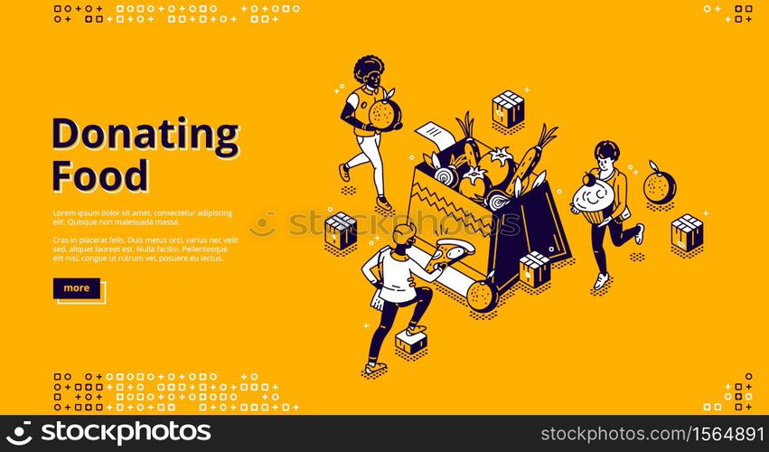 Donating food banner. Charity aid for homeless and hunger. Volunteers donate with nutrition products. Vector landing page with isometric people filling box by grocery and food. Vector banner of donating food