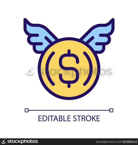Donating money pixel perfect RGB color icon. Spending cash. Charitable organization. Charity donation. Isolated vector illustration. Simple filled line drawing. Editable stroke. Arial font used. Donating money pixel perfect RGB color icon